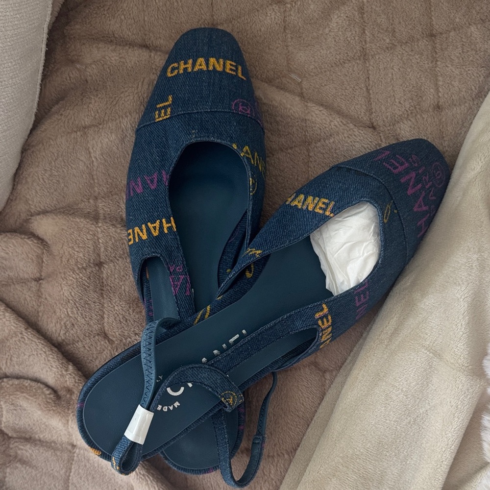 Multicolor Denim Slingback Flats